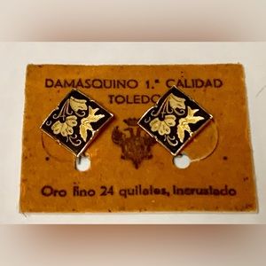 Vintage 1980s Unused Damasquino Calidad Toledo 24 Karat Gold Earrings